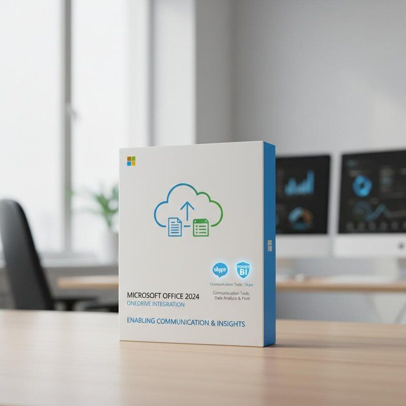 Интеграция OneDrive с Microsoft Office 2024, предлагающая инструменты для коммуникации Skype и инструменты для анализа данных Power BI, обеспечивающие связь